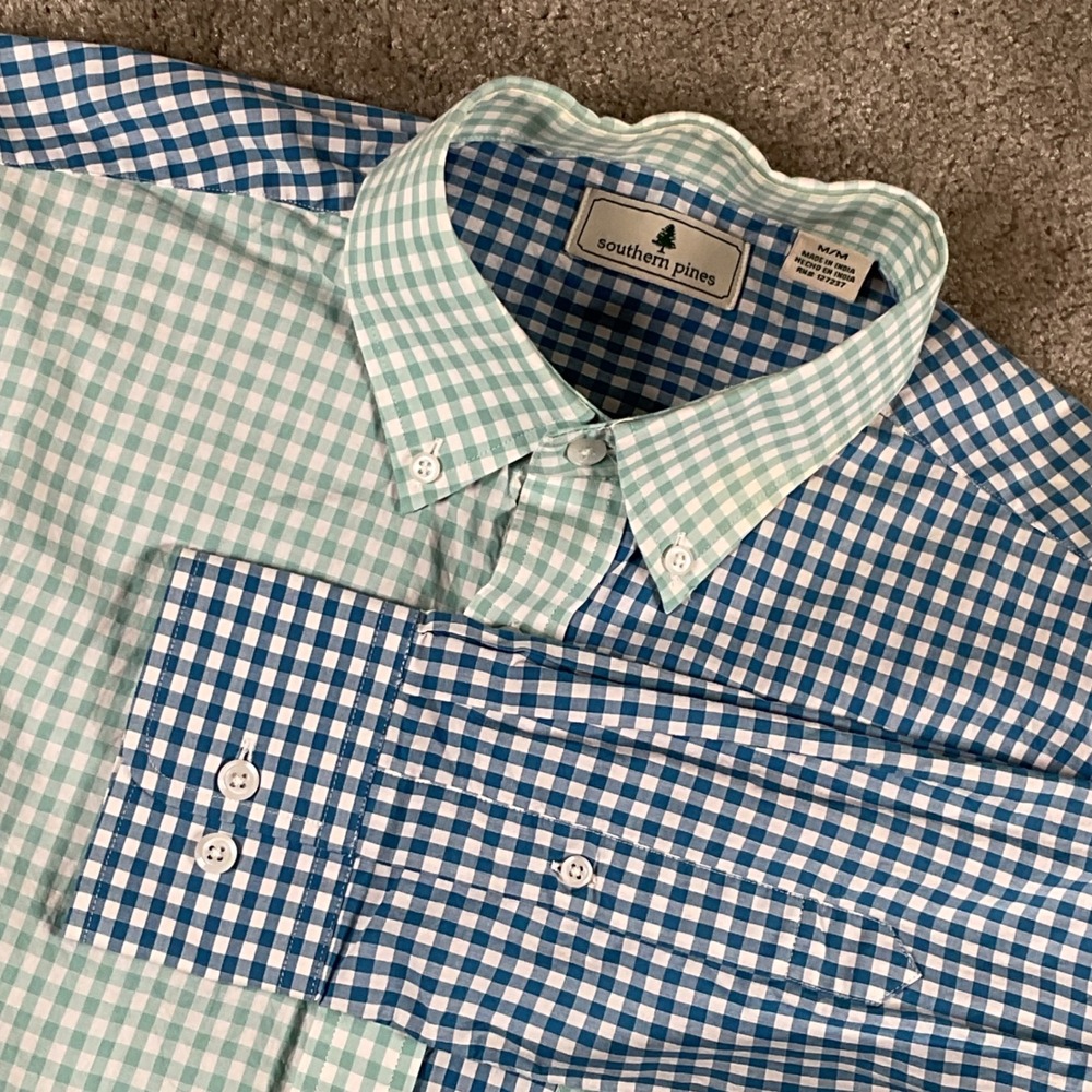 Southern Pines Mens Medium Gingham Check Button Down Long Sleeve Shirt‎